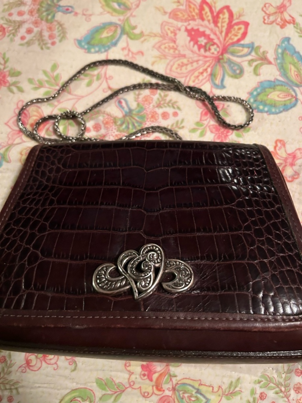 Brighton Dark Brown Croc-Embossed Crossbody with Silver Heart Accent